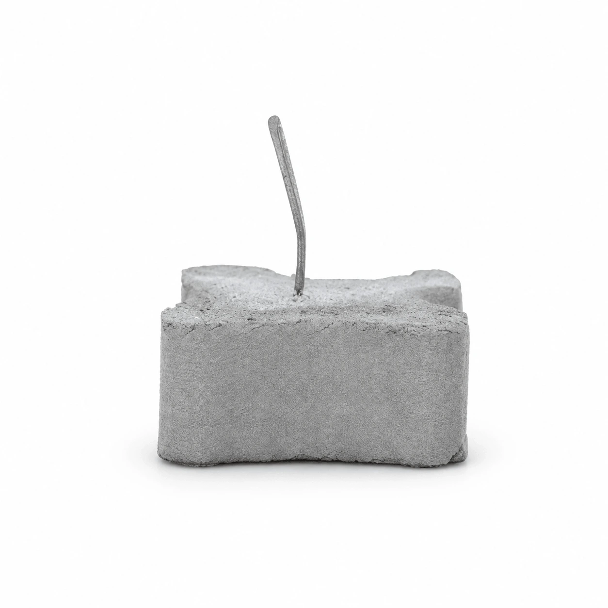 Joluka concrete bone spacer viewed from the lower side angle showing cement profile and steel wire