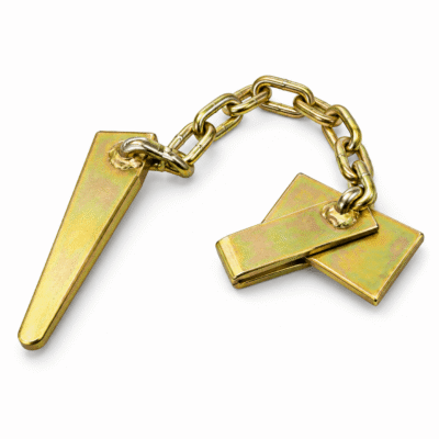 PMI Wedge Assembly with zinc-yellow plated steel wedge, panel clip and connecting chain on white background.