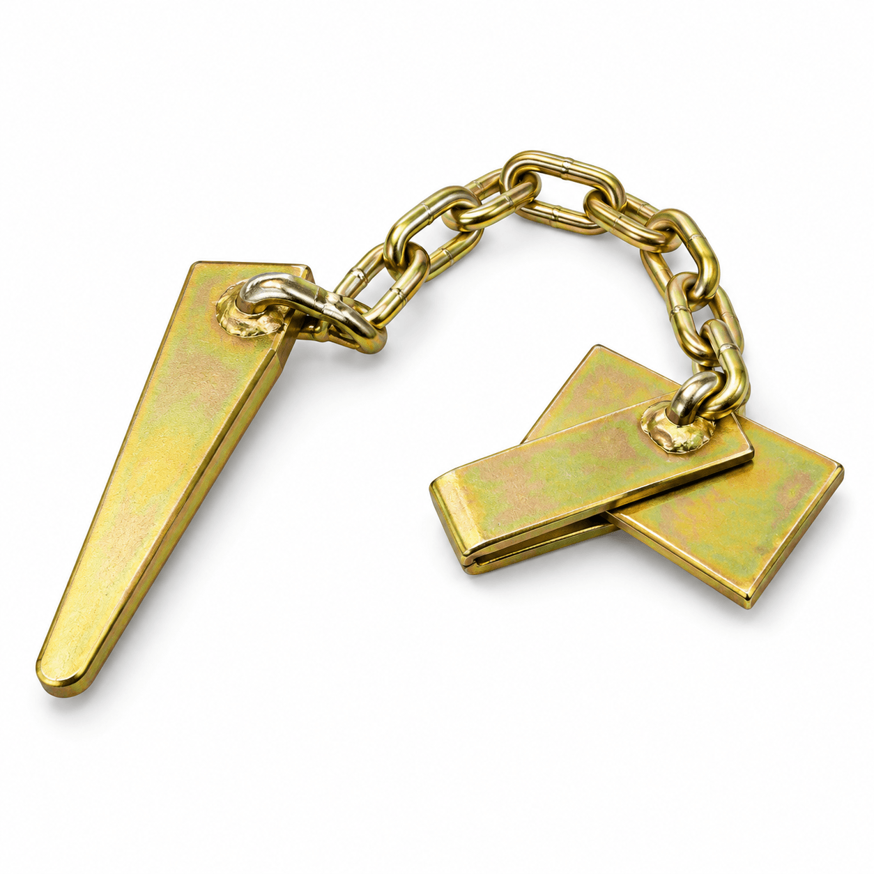 PMI Wedge Assembly with zinc-yellow plated steel wedge, panel clip and connecting chain on white background.